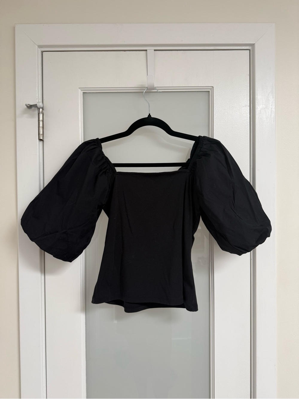 Ann Taylor Black Square Neck Puff Sleeve Top XS